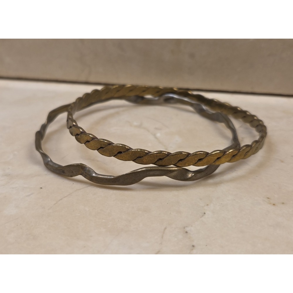 Two Vintage Brutalist Mexican Bangle Bracelets 8" Mixed Metals